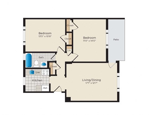 Floor plan for 2 beds, 1 bath, 705 sqft